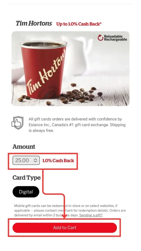Rakutenカナダでティムホートンズのギフトカードを購入する手順４