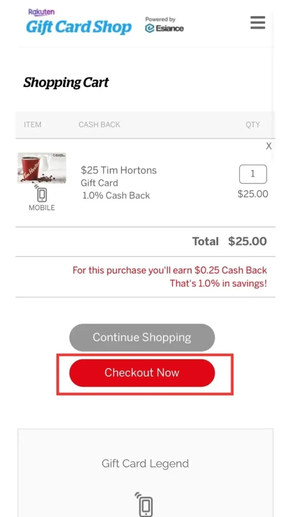 Rakutenカナダでティムホートンズのギフトカードを購入する手順５