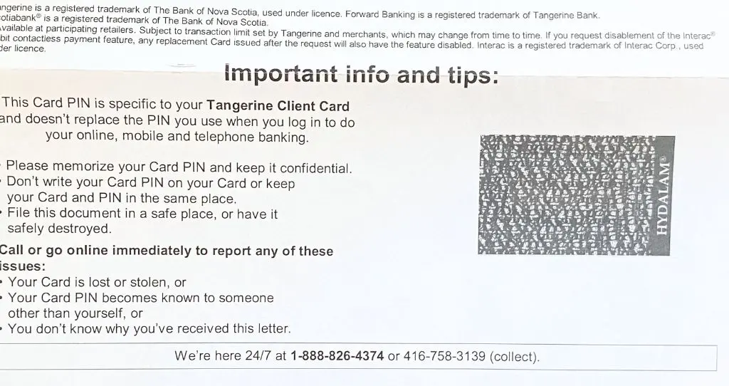 郵送されてくるTangerineのキャッシュカード兼デビットカードの暗証番号